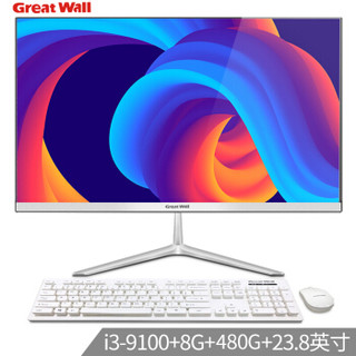 长城(Great Wall)A2403 23.8英寸超薄高清一体机台式电脑(九代i3-9100/8G/480G 双频WiFi 3年上门 原装键鼠）