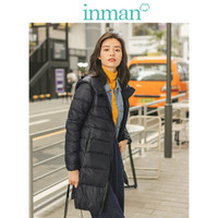 茵曼（INMAN）2019秋冬新款时尚纯色连帽立领中长款轻薄羽绒服女 18931|21661 黑色 S