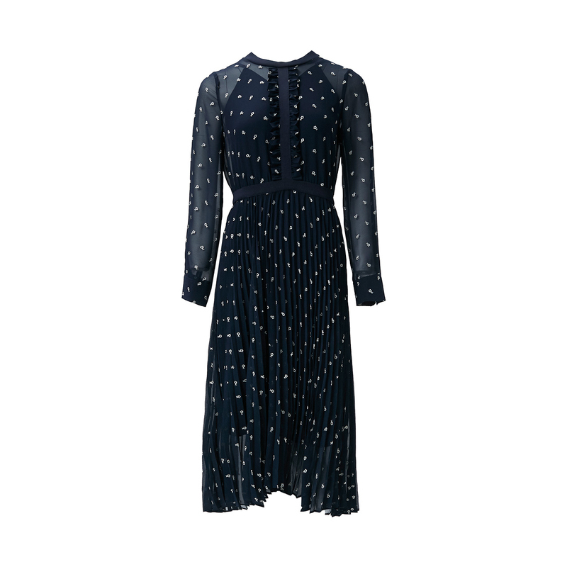 LIME FLARE 莱茵福莱尔 女士碎花雪纺收腰长袖百褶连衣裙XXLMAC01WOPK04AA