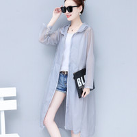 沫欣 2019夏季新品女装风衣女韩版连帽中长款宽松大码透气防晒服薄款外套 zx1AF11-777 灰色 M