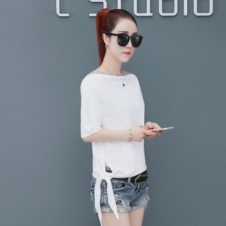 AUDDE 2019夏季新款女装新品纯色T恤女短袖韩版新款一字肩上衣服体恤打底衫 HZ3304-1161 白色 XL
