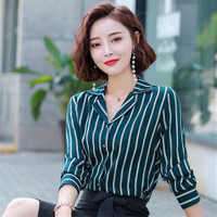 瑜珏（YuJue）ol职业雪纺衫 2019秋季新品韩版时尚西装领长袖条纹衬衫潮 QJYY891 绿色 L