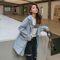 沫欣 风衣女2019秋冬新品学生ins风纯色加大码宽松连帽衫中长款长袖大衣外套 YJC8116917 浅蓝色 XL