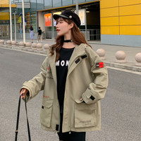 沫欣 风衣女2019秋冬新品时尚休闲印花拼接工装中长款显瘦百搭口袋大衣外套 YJC829A683Q 军绿 M
