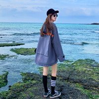 沫欣 风衣女2019秋冬新品时尚休闲印花拼接工装中长款显瘦百搭口袋大衣外套 YJC829A683Q 蓝色 L