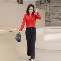 米兰茵（MILANYIN）女装 2019年新款秋工作服正装条纹百搭职业修身衬衫 NYml149 红色衬衫 3XL