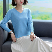 Markentsee 2019秋装新品针织衫女装韩版休闲V领短款毛衣宽松打底衫薄款女装套头衫 MMBD75785 蓝色 L