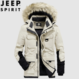 吉普 JEEP 绒服男中长款新品2019冬季保暖鸭绒休闲外套中青年加厚连帽羽绒服外套  XY0079 卡其 L