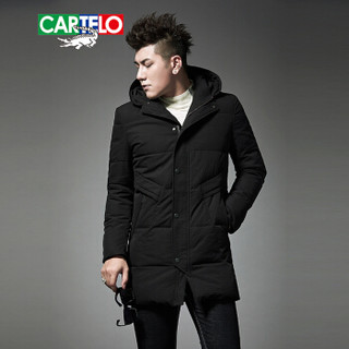 卡帝乐鳄鱼(CARTELO)羽绒服男中长款2019冬季新品连帽外套男士衣服防寒时尚修身冬装加厚 黑色 2XL