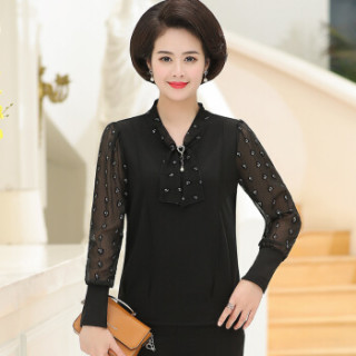 丽乔 打底衫女宽松妈妈装2019秋季新款女装长袖洋气网纱时尚t恤 mmjr