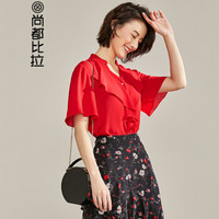 尚都比拉（Sentubila）夏季女装拼接v领荷叶边衬衣 192C0224828 红色 XL