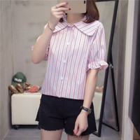 曼如芬 胖妹妹宽松条纹上衣 2019夏季新品韩版休闲百搭衬衫潮 ZLNM9017 粉条纹 XL