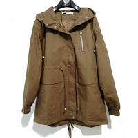 沫欣 风衣女2019秋冬新品优雅气质收腰显瘦连帽衫中长款简约口袋大衣外套 YJC811639039 卡其色 M