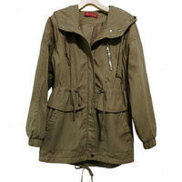 沫欣 风衣女2019秋冬新品优雅气质收腰显瘦连帽衫中长款简约口袋大衣外套 YJC811639039 军绿色 M