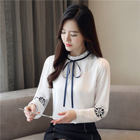 瑜珏（YuJue）刺绣雪纺衫 2019秋季新品韩版百搭显瘦蝴蝶结系带长袖打底小衫 HXEM9309 白色 2XL