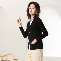 仙丫 2019秋季新款女装新品针织衫女v领短款开衫宽松带兜外搭毛衣外套 GZHB999515 黑色 S