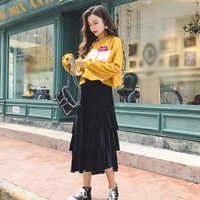 薇图 vitto 女装 2019年秋冬款ins潮味套装宽松连帽卫衣搭配金丝绒半身裙套装 HC03VT82 黄色两件套 XL