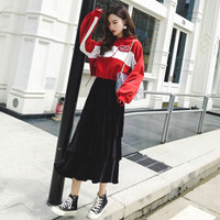 薇图 vitto 女装 2019年秋冬款ins潮味套装宽松连帽卫衣搭配金丝绒半身裙套装 HC03VT82 红色两件套 3XL