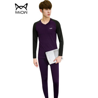 猫人（MiiOW）T恤套装 男士潮流时尚拼色V领长袖加绒保暖T恤套装B260-D25紫色3XL