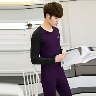 猫人（MiiOW）T恤套装 男士潮流时尚拼色V领长袖加绒保暖T恤套装B260-D25紫色3XL