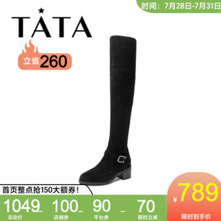 Tata/他她冬专柜同款牛皮革时尚过膝靴粗跟女长靴FC090DC9 黑色羊皮革(单里) 36