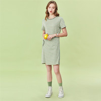 GIORDANO 佐丹奴 05460492 条纹短袖连衣裙 皎雪/青绿 M