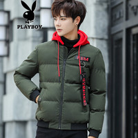 花花公子（PLAYBOY）棉服男士冬季2019新款连帽保暖棉袄青少年短款潮流外套 军绿色 XL