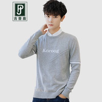 吉普盾韩版毛衣男2019秋季新款圆领撞色提花套头线衫时尚休闲宽松薄款外套 灰色 L