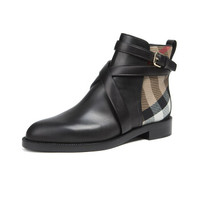 BURBERRY 巴宝莉 女士黑色棉牛皮拼接格纹及踝靴 80048671 5/38