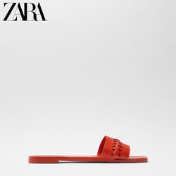 ZARA新款 TRF 女鞋 橙色牛皮革方头编织平底凉鞋拖鞋 13633510070