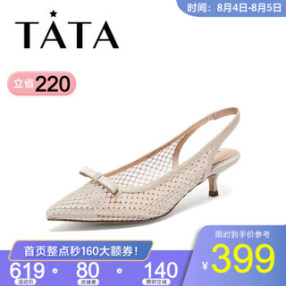 Tata/他她2020春专柜同款拼接尖头水钻小猫跟后空女凉鞋7AS02AH0 杏/浅杏(羊皮革) 37