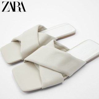 ZARA 11605511002 裸色绗缝牛皮革交叉平底凉鞋 