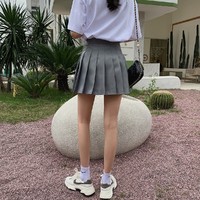 2021春季新品潮流时尚韩版女款休闲少女百褶短半身裙 XL 灰色