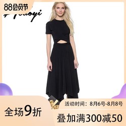 hodoyi夏季新款修身显瘦不规则中长款个性时尚黑色短袖连衣裙潮女 *3件