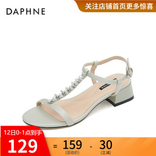 Daphne/达芙妮2020夏季新品T字带珍珠时尚凉鞋舒适粗跟女凉鞋 绿色128 38