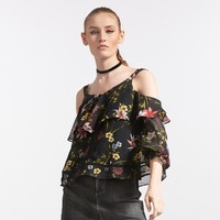 5+ Five Plus新款秋装雪纺长袖荷叶边露肩衬衣宽松薄款印花女式衬衫 M 黑色