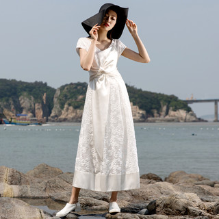 2020夏季新款女装V领修身大摆裙白色提花连衣裙收腰优雅礼服长裙