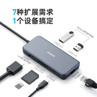 Anker Type-C扩展坞PD快充通用 USB-C转HDMI转换器4K投屏拓展坞转接头网口分线器 灰色