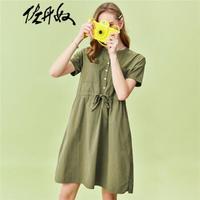 佐丹奴Giordano女装 纯棉工装风V领抽绳短袖连衣裙 05460345 54深苔藓绿 中码