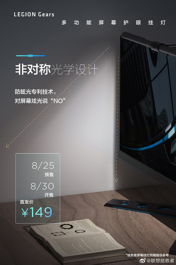 新品发售、25日：Lenovo 联想 LEGION 拯救者 Gears 多功能屏幕护眼挂灯