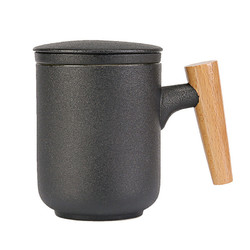 木杰 木柄陶瓷杯马克杯带茶水分离过滤泡茶杯 300ml