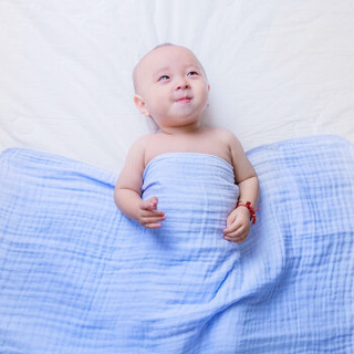 Temami婴儿浴巾纱布抱被新生儿男女宝宝纯棉毛巾被儿童全棉洗澡巾盖毯被子 蓝色 80*140cm