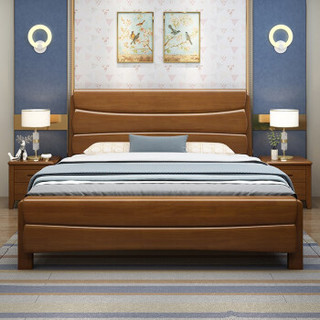 中派 床 新中式实木床卧室家具橡胶木双人床 框架床 1.8*2.0床