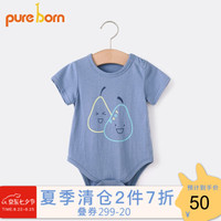 【新品】pureborn博睿恩婴儿连体衣夏季短袖纯棉透气薄款印花包屁衣宝宝三角爬衣 开心梨-中蓝 73cm 6-9个月