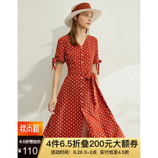 Amii极简V领波点印花绑带度假连衣裙2020夏季新款短袖衬衫裙子 砖红 165/88A/L