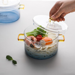 川岛屋北欧ins玻璃碗家用单个泡面碗双耳带盖大汤碗创意个性餐具 带盖玻璃面碗