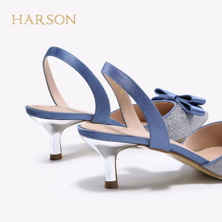哈森 2020夏季新款包头细跟凉鞋女 蝴蝶结水钻一字带后空单鞋HM02413 银灰色/蓝色 34