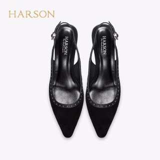 哈森 2020夏季新款一字带粗跟凉鞋女 优雅中后空单鞋HM07901 黑色 34