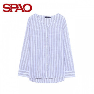 SPAO夏季款女式休闲条纹V领单排纽扣长袖衬衫 灰色 S