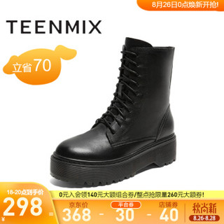 Teenmix/天美意商场同款厚底英伦风系带牛皮革马丁靴女皮靴AW181DZ9 黑色 37